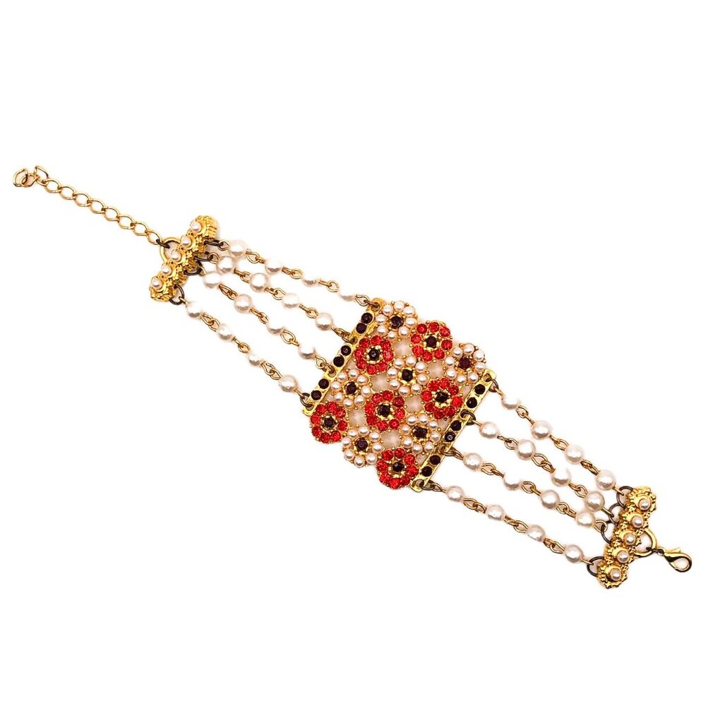 Gold tone faux pearl orange, dark red, white floral bracelet